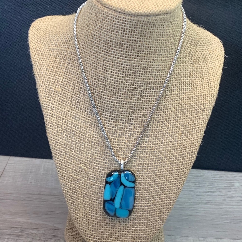 Blue Mosaic Fused Glass Pebble Pendant Stainless Steel Box Chain Necklace 16in
